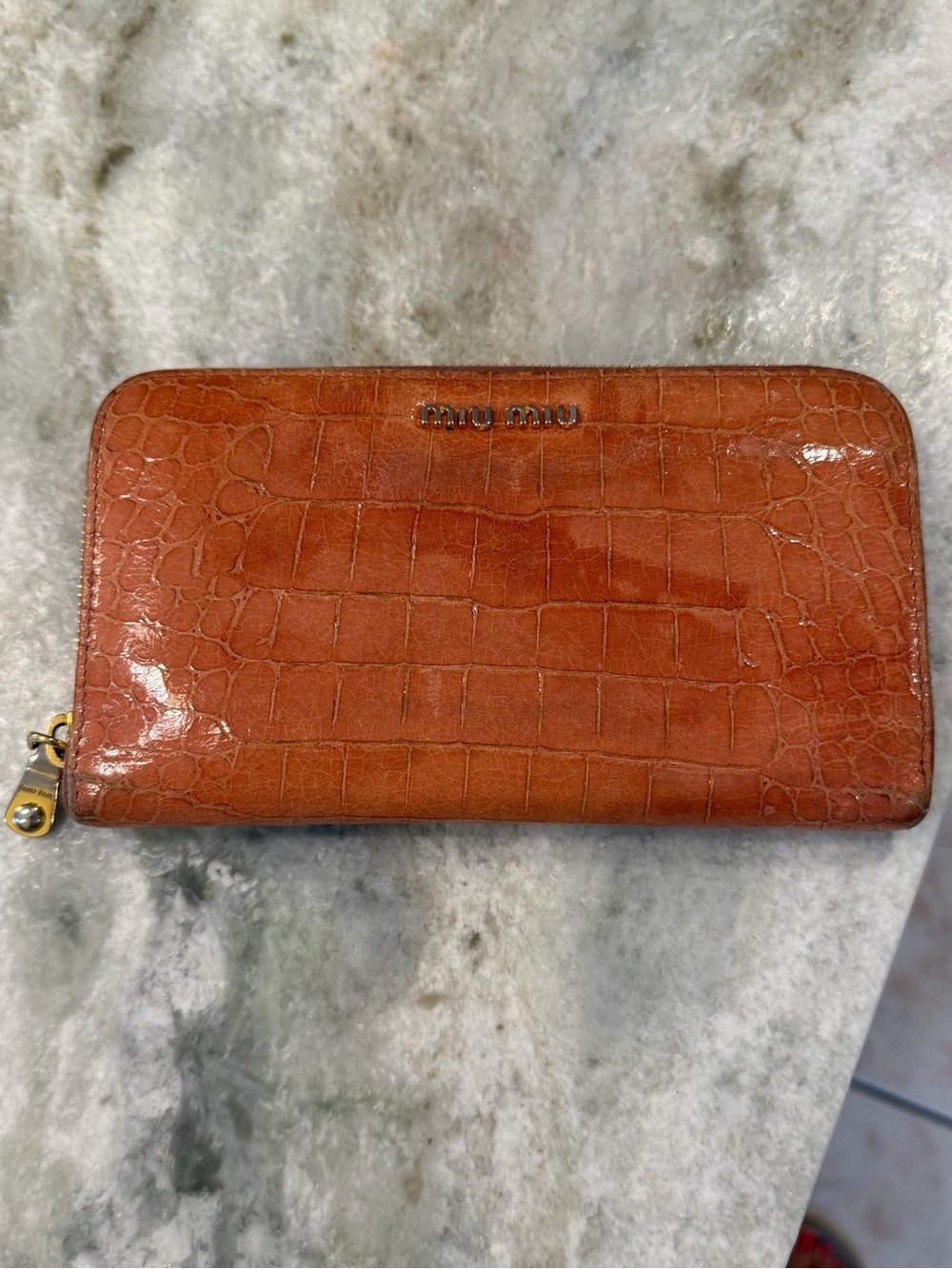 Miu Miu Croc-Embossed Glossy Brown Zip Wallet